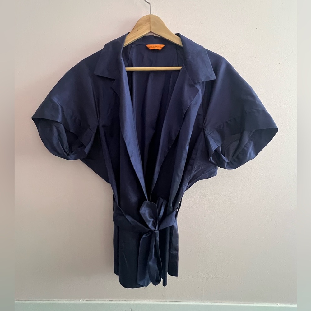 Navy Blue Silk Short Sleeve Wrap shirt blouse